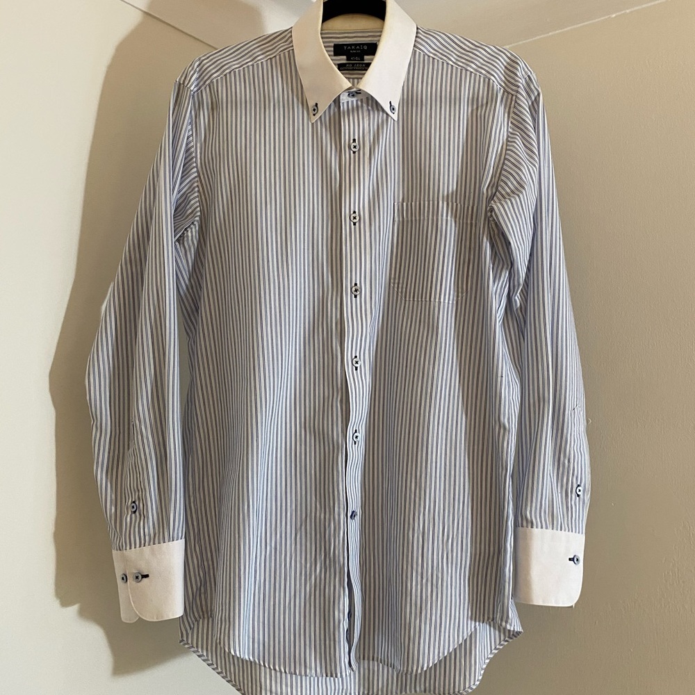 👔2/$60 TAKAIQ Blue Stripe White Collar Shirt